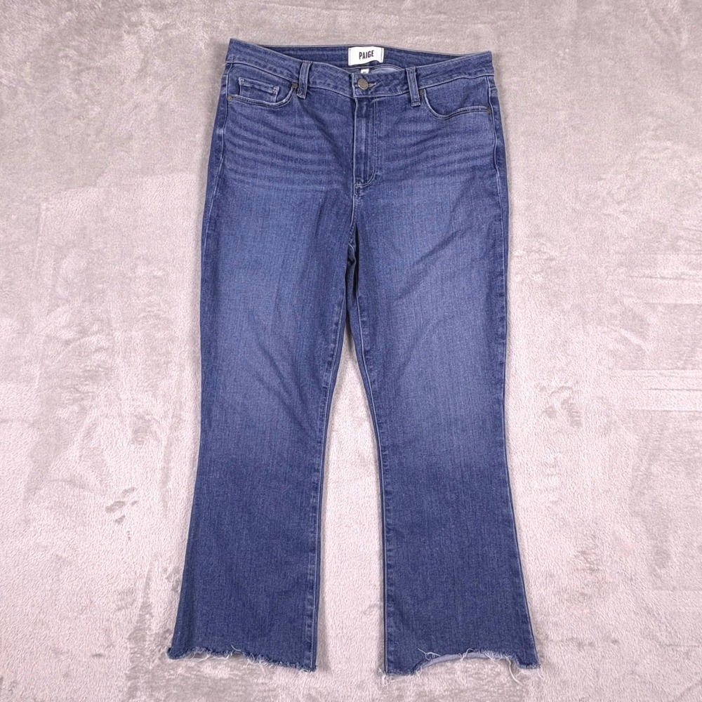 PAIGE Rory Crop Flare Jeans Blue Distressed‎ Raw Hem Size 31 (Msr 32x25)